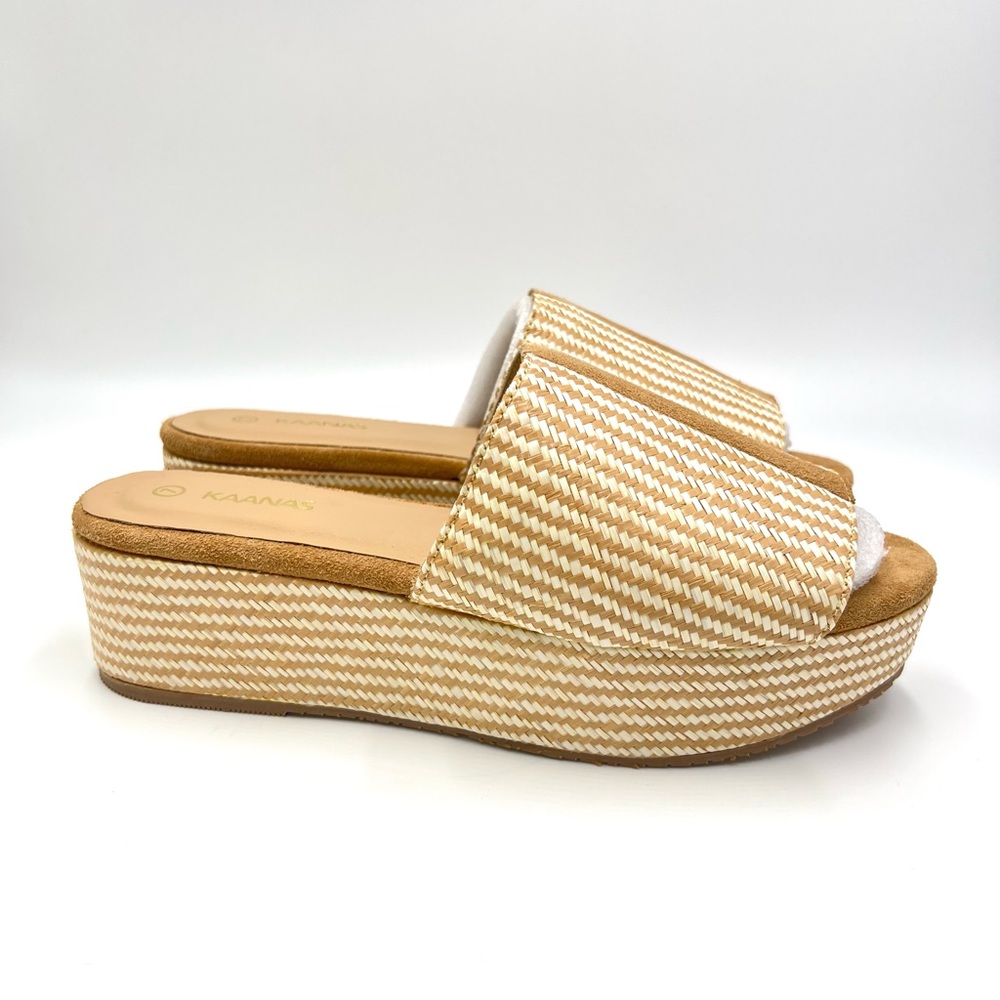 Kaanas Size 7 Tunis Woven Straw Raffia Platform Wedges Slides Sandals Shoes‎